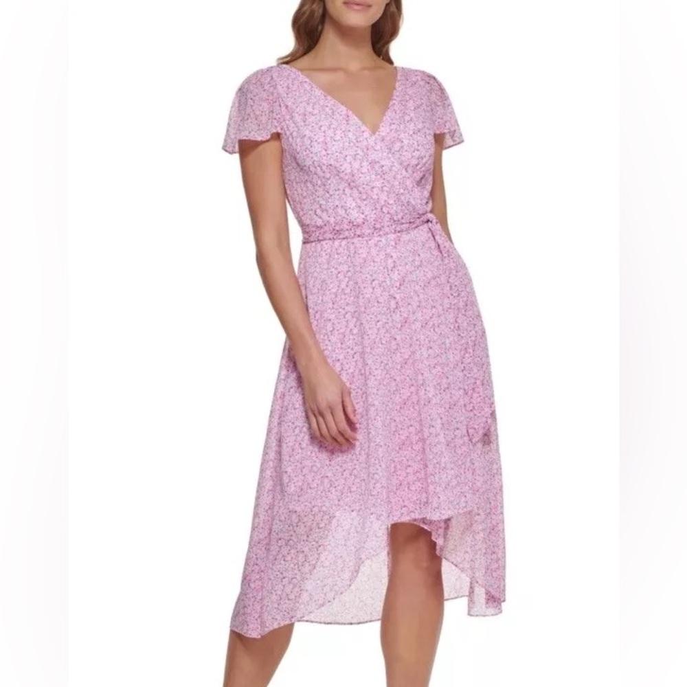 DKNY Size 8 Women’s Floral Pink Faux-Wrap Dress
